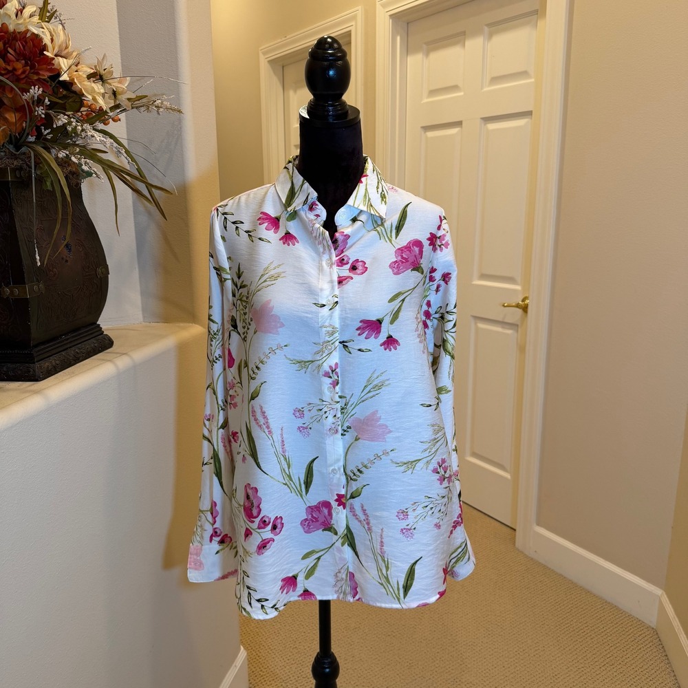 Haver London Women White Pink Floral Botanical Button Down Shirt Size M